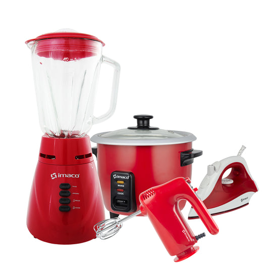 Combo Licuadora v/v 2 vel 1.5 litros 500w BL4125VR + Olla Arrocera 0.6L C/Rojo RC006R + Batidora De Mano 150W Rojo HM505R + Plancha a vapor c/base ceramica ETA600