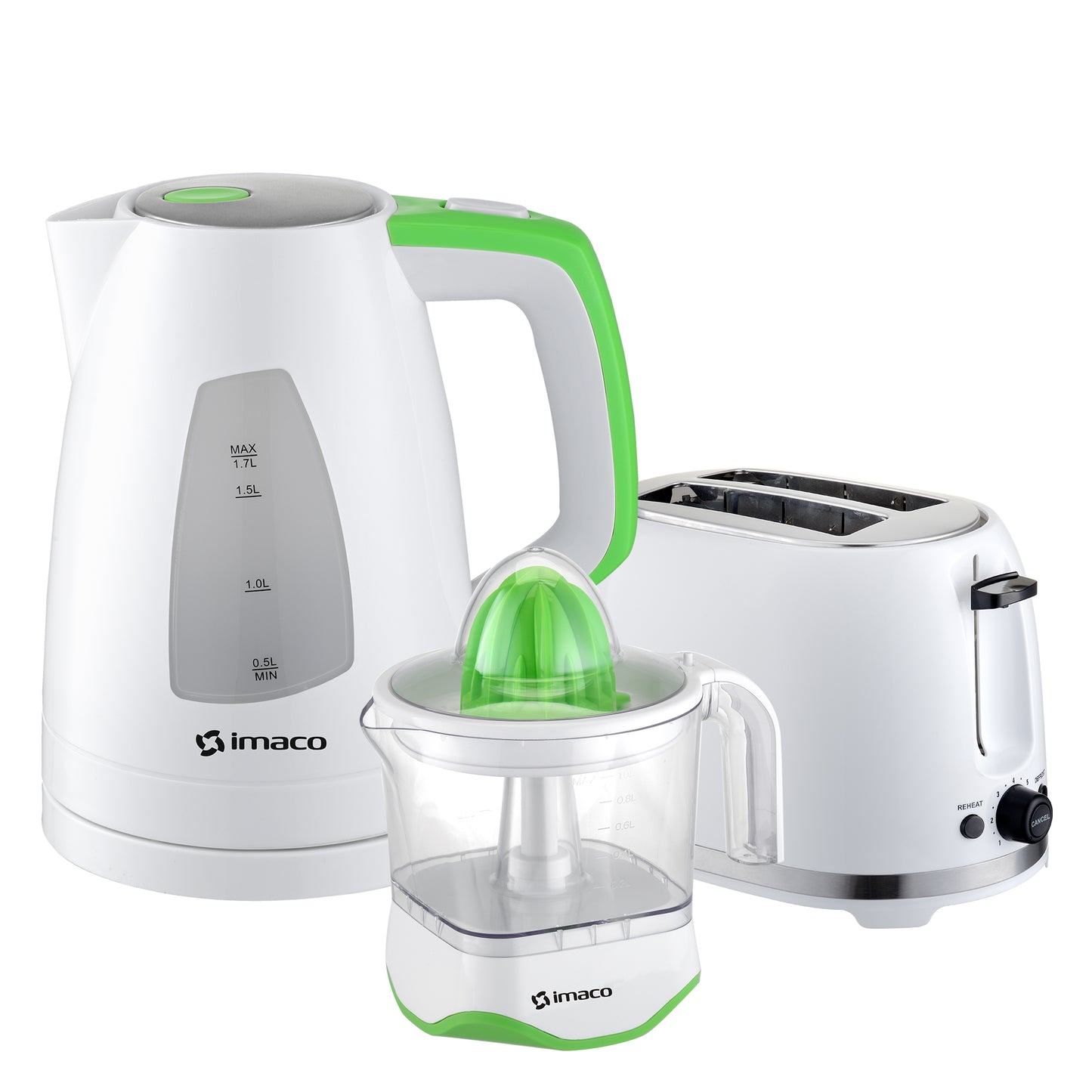Combo tostadora 850w + exprimidor de citricos 1lt+ hervidor eléctrico 1.7lts imaco