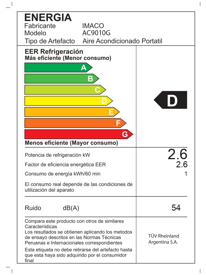 Aire Acondicionado Portatil 9000 BTU Imaco AC9010G