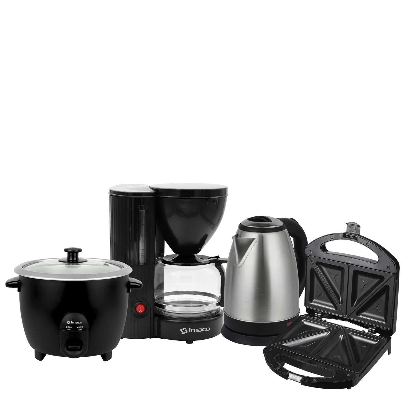 Cuatricombo Arrocera 1.5L + Sandwichera + Hervidor + Cafetera Imaco