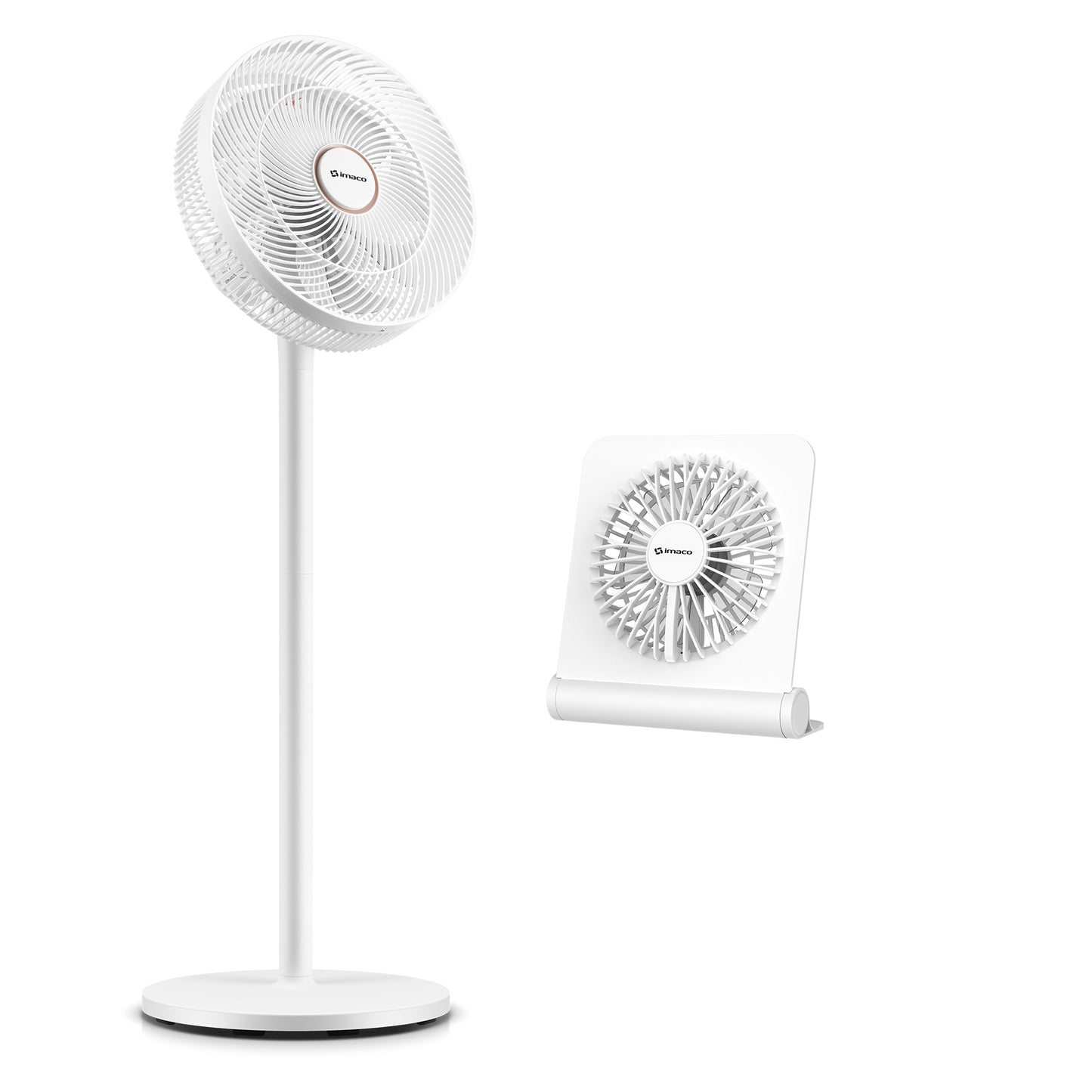 Combo ventilador pedestal 14" + Ventilado de mesa 5" USB recargable Imaco